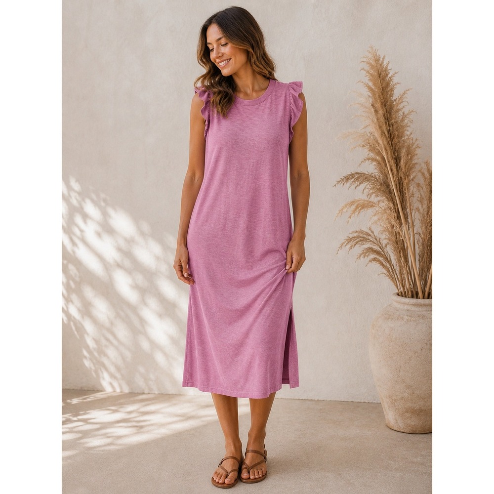 5/$25 NEW Universal Thread Midi Dress XS Mauve Ruffle Shoulder‎ Slub Knit Slit